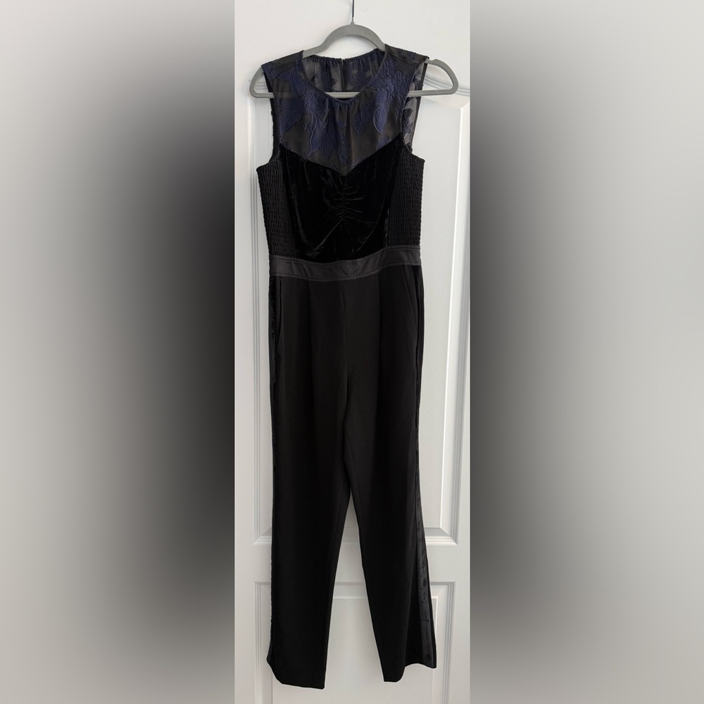 Rebecca Taylor Black and Navy Straight-Leg Jumpsuit with Sheer Lace Yoke